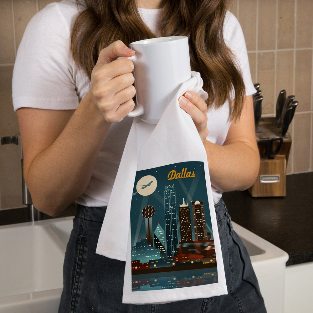 Dallas, Texas, Retro Skyline, Organic Cotton Kitchen Tea Towels Kitchen Lantern Press 