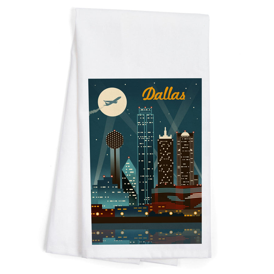 Dallas, Texas, Retro Skyline, Organic Cotton Kitchen Tea Towels Kitchen Lantern Press 