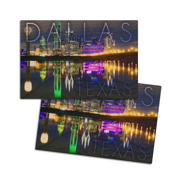 Dallas, Texas, Skyline at Night, Lantern Press Photography, Wood Signs and Postcards Wood Lantern Press 4x6 Wood Postcard Set 