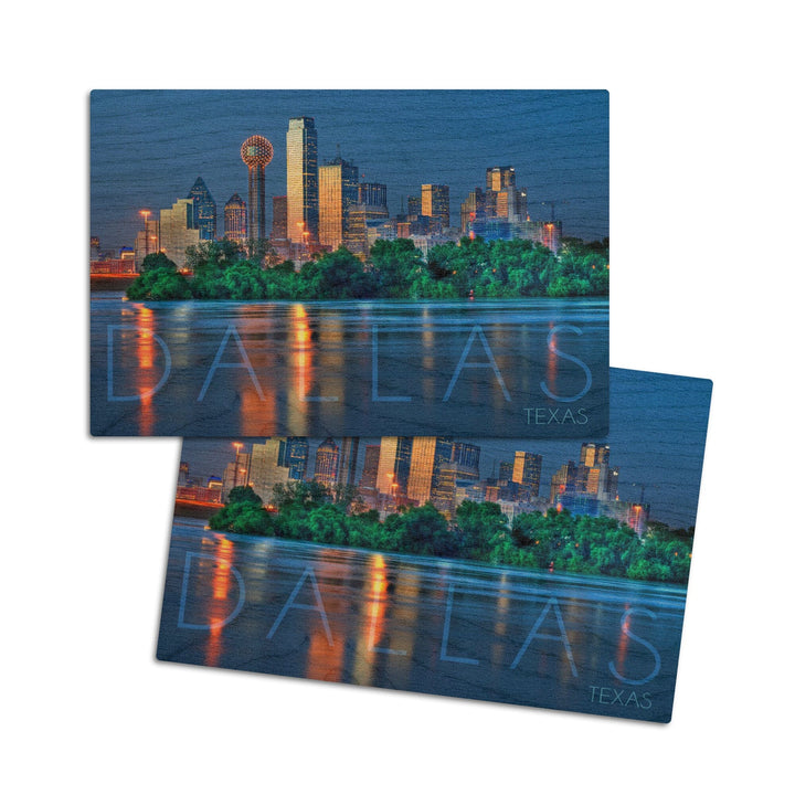 Dallas, Texas, Skyline & Reflection, Lantern Press Photography, Wood Signs and Postcards Wood Lantern Press 4x6 Wood Postcard Set 