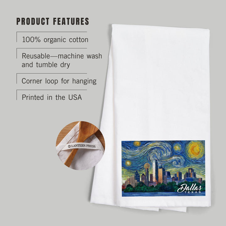 Dallas, Texas, Starry Night City Series, Organic Cotton Kitchen Tea Towels Kitchen Lantern Press 