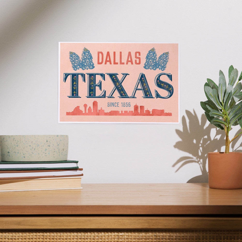 Dallas, Texas, Whimsy City Collection, Skyline and State Flowers, Art & Giclee Prints Art Lantern Press 