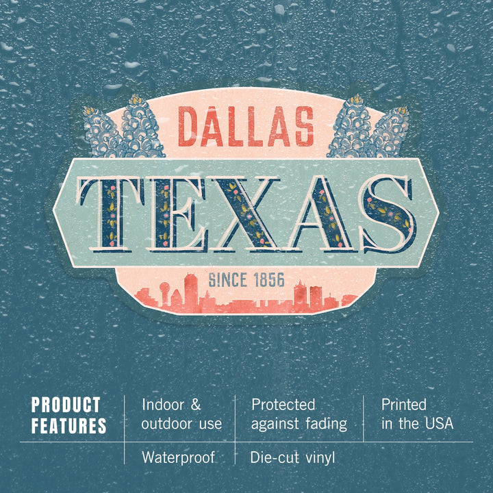 Dallas, Texas, Whimsy City Collection, Skyline and State Flowers, Contour, Vinyl Sticker Sticker Lantern Press 