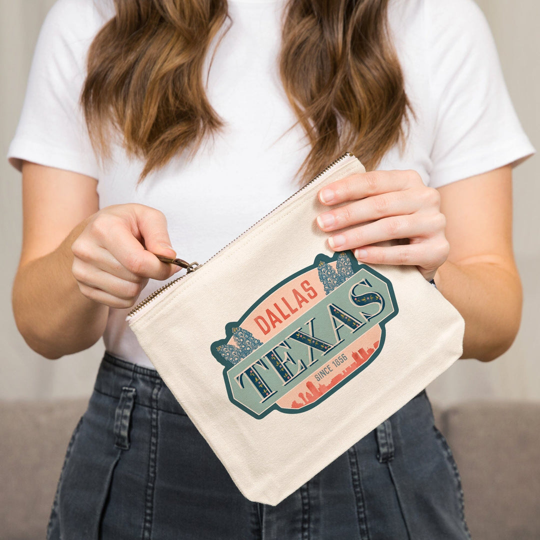 Dallas, Texas, Whimsy City Collection, Skyline and State Flowers,, Organic Cotton Zipper Pouch, Go Bag Go Bag Lantern Press 
