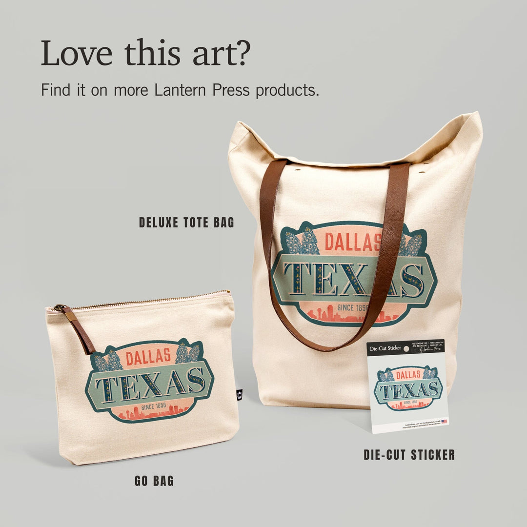 Dallas, Texas, Whimsy City Collection, Skyline and State Flowers,, Organic Cotton Zipper Pouch, Go Bag Go Bag Lantern Press 