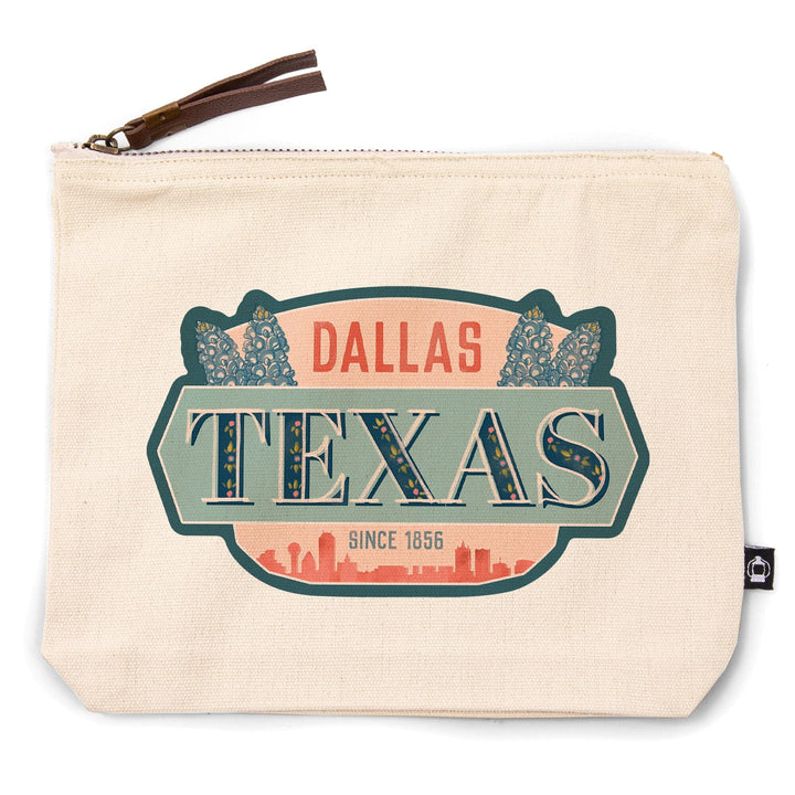 Dallas, Texas, Whimsy City Collection, Skyline and State Flowers,, Organic Cotton Zipper Pouch, Go Bag Go Bag Lantern Press 
