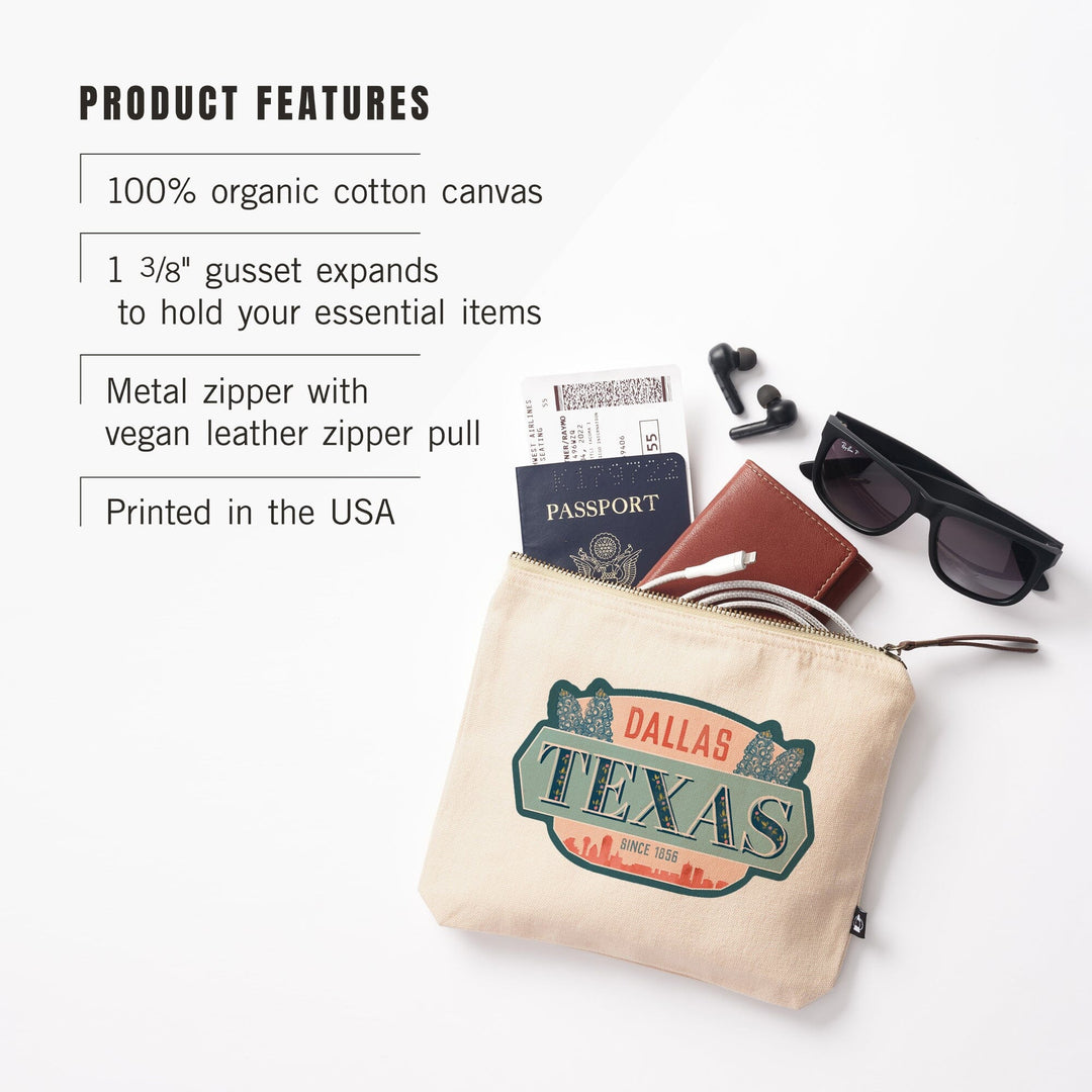 Dallas, Texas, Whimsy City Collection, Skyline and State Flowers,, Organic Cotton Zipper Pouch, Go Bag Go Bag Lantern Press 