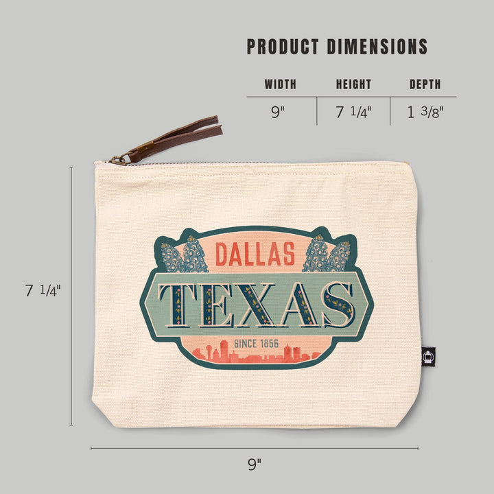 Dallas, Texas, Whimsy City Collection, Skyline and State Flowers,, Organic Cotton Zipper Pouch, Go Bag Go Bag Lantern Press 