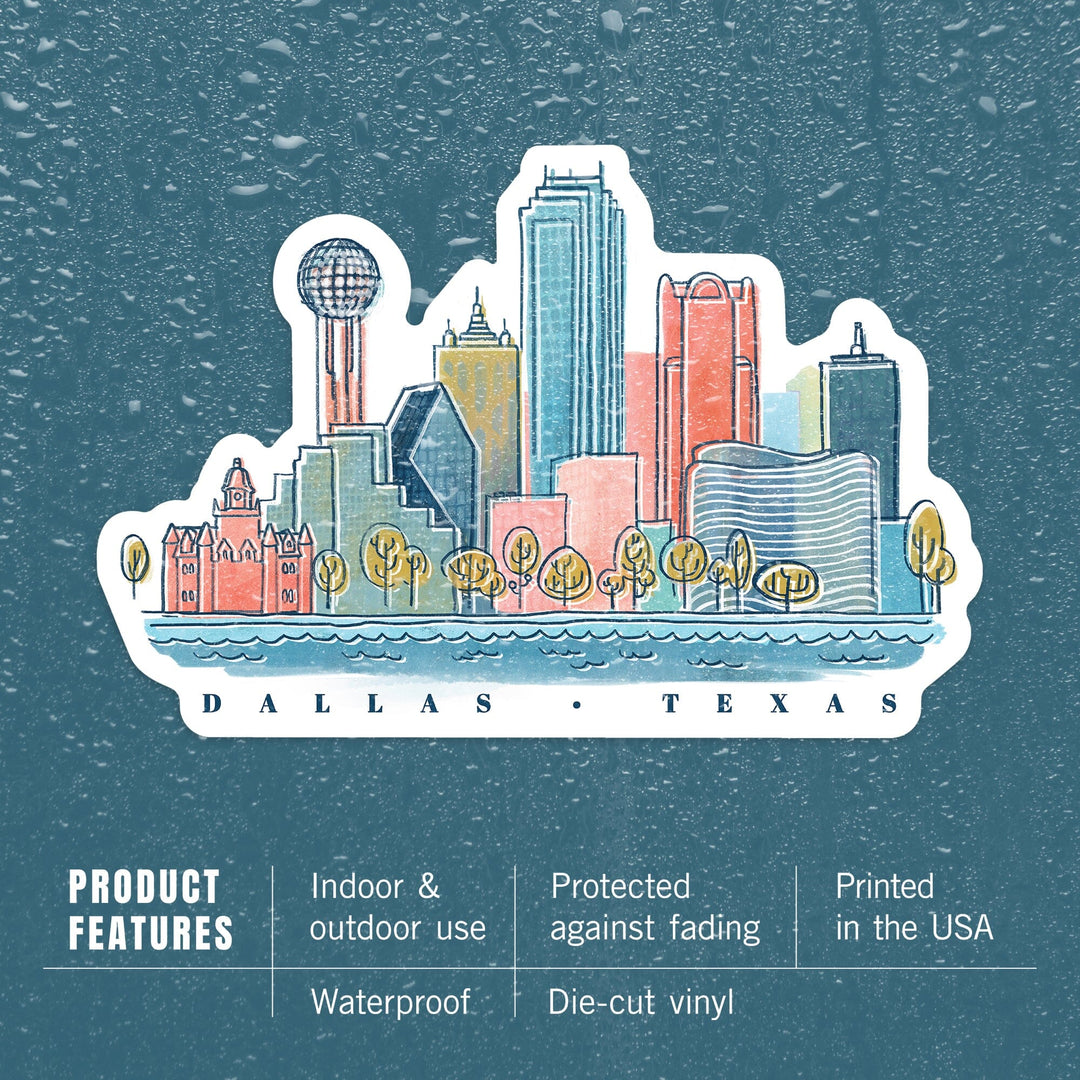 Dallas, Texas, Whimsy City Collection, Skyline, Vinyl Sticker - Lantern Press