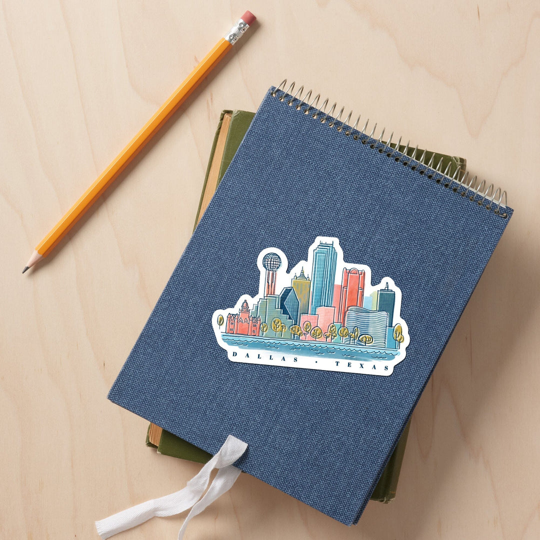 Dallas, Texas, Whimsy City Collection, Skyline, Vinyl Sticker Sticker Lantern Press 