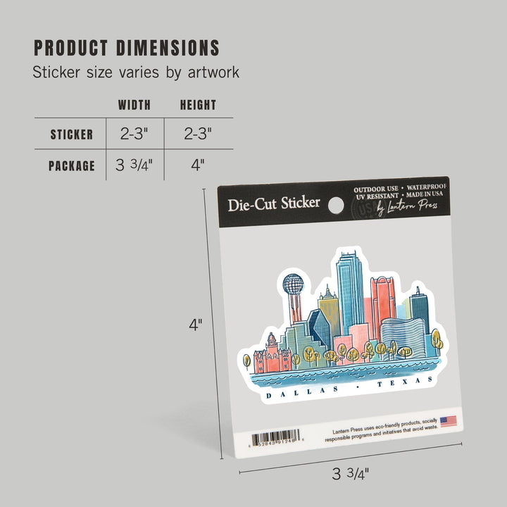 Dallas, Texas, Whimsy City Collection, Skyline, Vinyl Sticker - Lantern Press