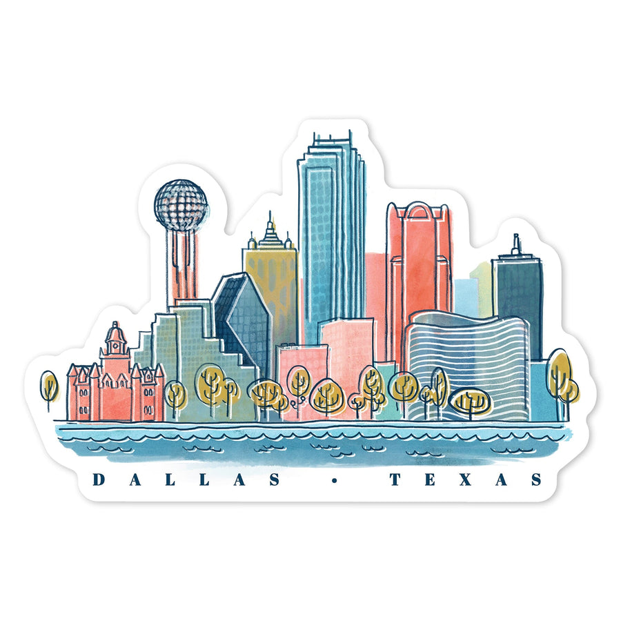 Dallas, Texas, Whimsy City Collection, Skyline, Vinyl Sticker Sticker Lantern Press 