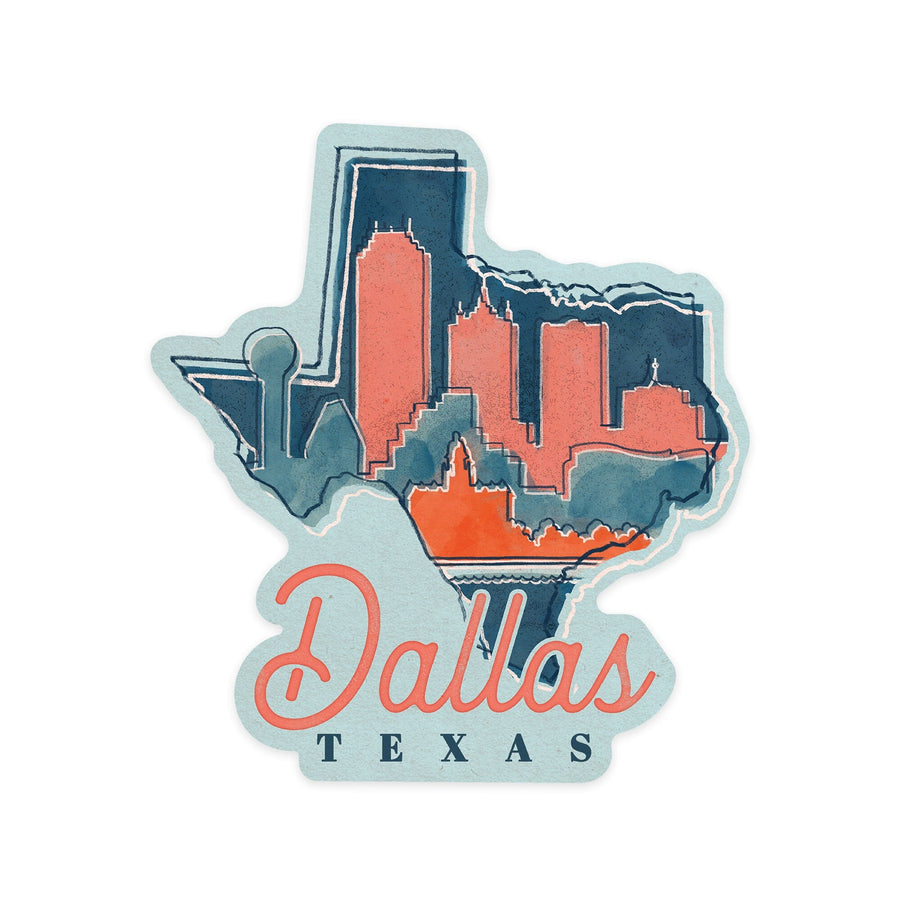 Dallas, Texas, Whimsy City Collection, State and Skyline, Contour, Vinyl Sticker Sticker Lantern Press 