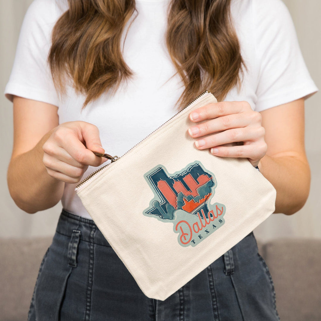 Dallas, Texas, Whimsy City Collection, State and Skyline,, Organic Cotton Zipper Pouch, Go Bag Go Bag Lantern Press 