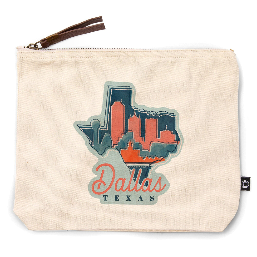 Dallas, Texas, Whimsy City Collection, State and Skyline,, Organic Cotton Zipper Pouch, Go Bag Go Bag Lantern Press 