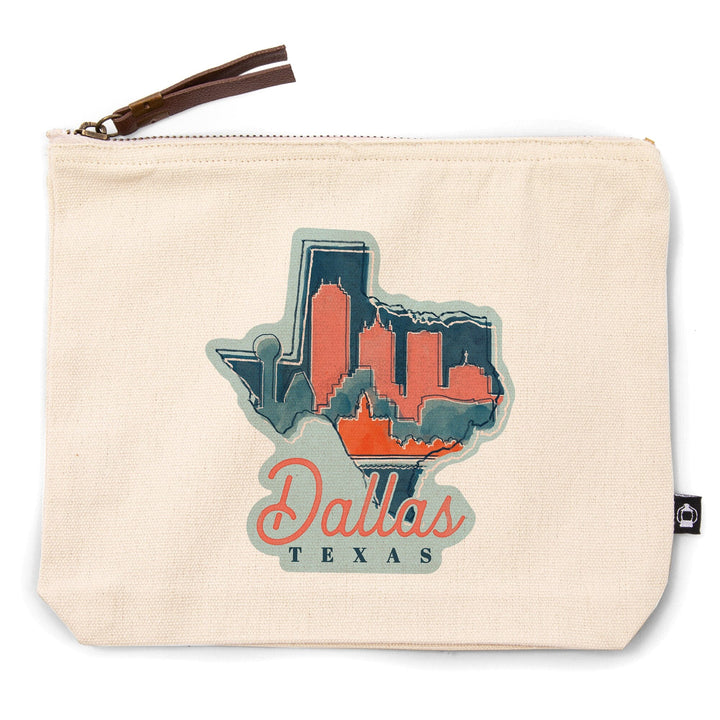 Dallas, Texas, Whimsy City Collection, State and Skyline,, Organic Cotton Zipper Pouch, Go Bag Go Bag Lantern Press 