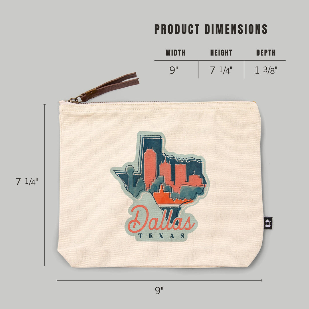 Dallas, Texas, Whimsy City Collection, State and Skyline,, Organic Cotton Zipper Pouch, Go Bag Go Bag Lantern Press 
