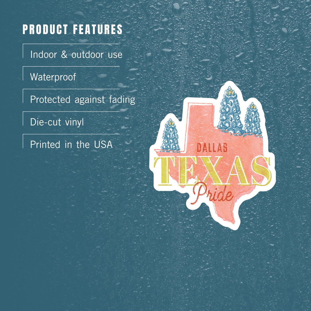 Dallas, Texas, Whimsy City Collection, State Pride and Flowers, Contour, Vinyl Sticker Sticker Lantern Press 