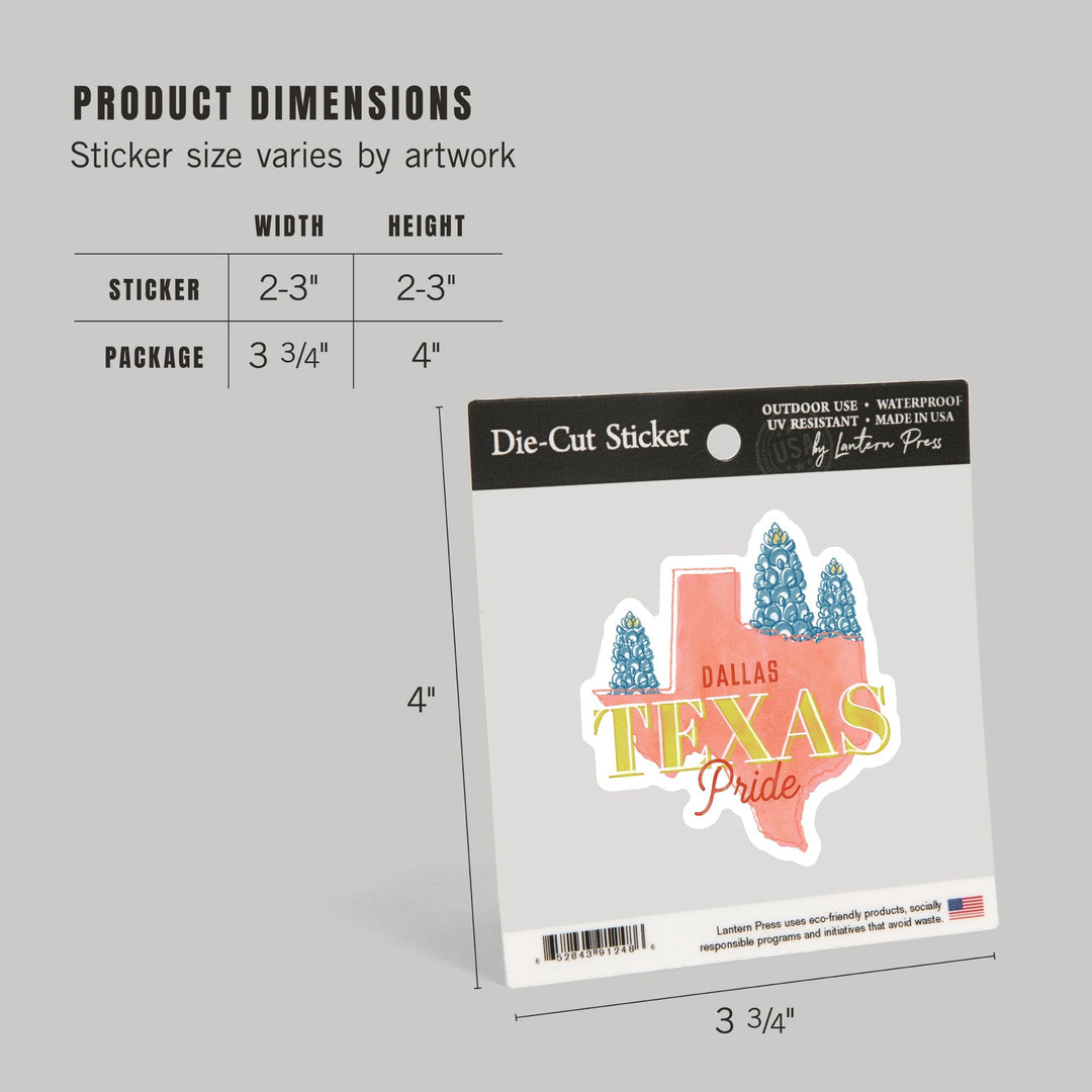 Dallas, Texas, Whimsy City Collection, State Pride and Flowers, Contour, Vinyl Sticker Sticker Lantern Press 