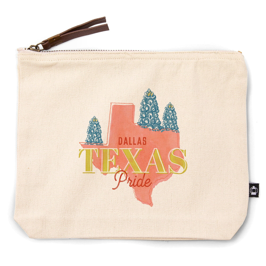 Dallas, Texas, Whimsy City Collection, State Pride and Flowers,, Organic Cotton Zipper Pouch, Go Bag Go Bag Lantern Press 