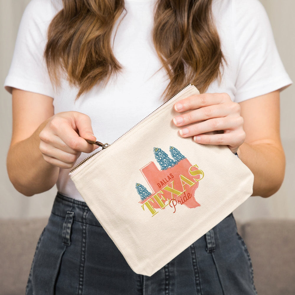 Dallas, Texas, Whimsy City Collection, State Pride and Flowers,, Organic Cotton Zipper Pouch, Go Bag Go Bag Lantern Press 