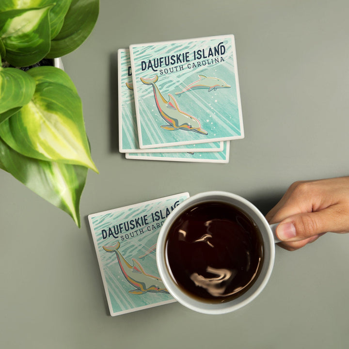 Daufuskie Island, South Carolina, Graphic Pastel, Bottlenose Dolphin, Coasters Coasters Lantern Press 