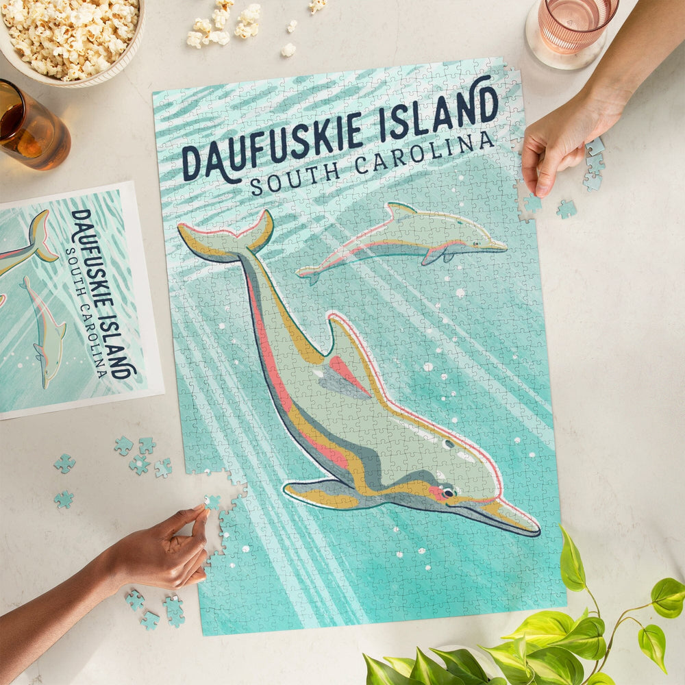 Daufuskie Island, South Carolina, Graphic Pastel, Bottlenose Dolphin, Jigsaw Puzzle Puzzle Lantern Press 