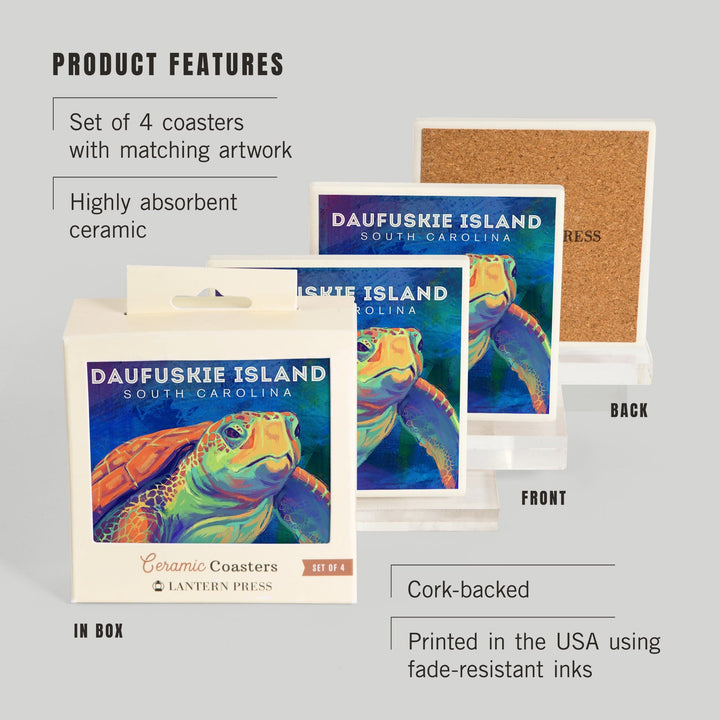 Daufuskie Island, South Carolina, Vivid Watercolor, Sea Turtle, Coasters Coasters Lantern Press 