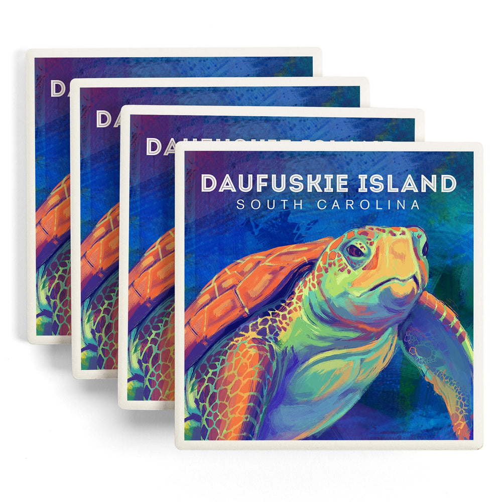 Daufuskie Island, South Carolina, Vivid Watercolor, Sea Turtle, Coasters Coasters Lantern Press 