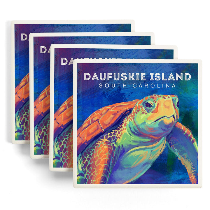 Daufuskie Island, South Carolina, Vivid Watercolor, Sea Turtle, Coasters Coasters Lantern Press 