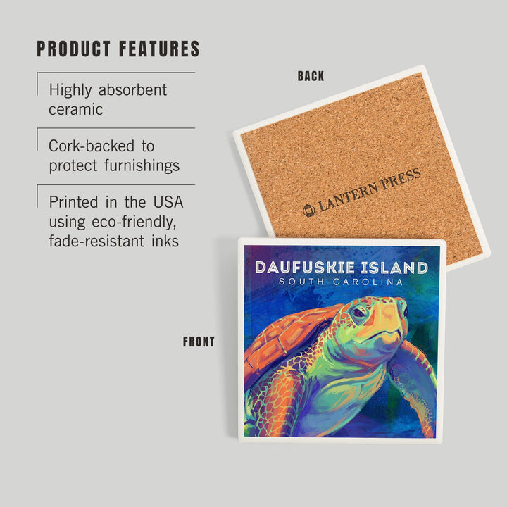 Daufuskie Island, South Carolina, Vivid Watercolor, Sea Turtle, Coasters Coasters Lantern Press 
