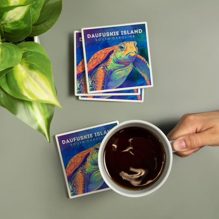 Daufuskie Island, South Carolina, Vivid Watercolor, Sea Turtle, Coasters Coasters Lantern Press 