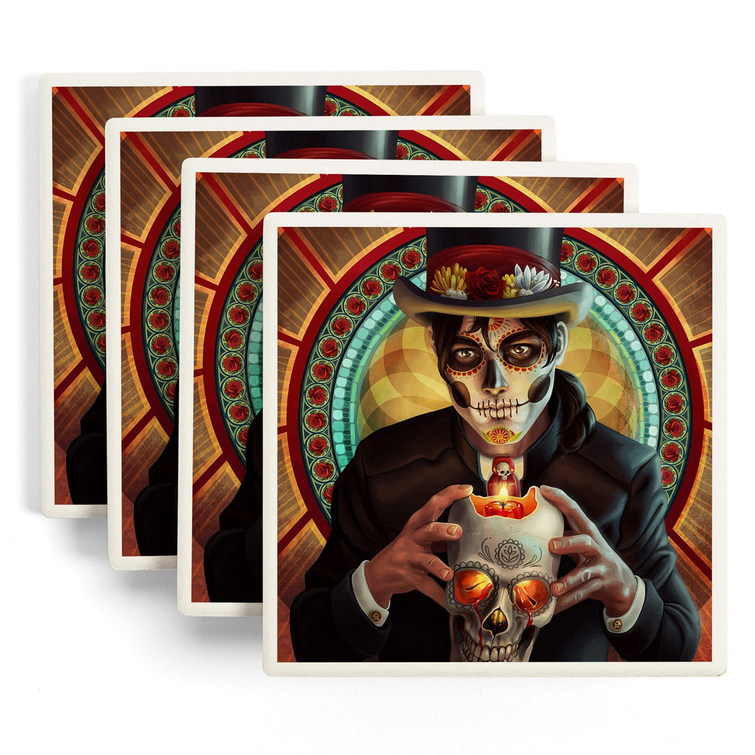 Day of the Dead, Man and Candle, Lantern Press Artwork, Coaster Set - Lantern Press