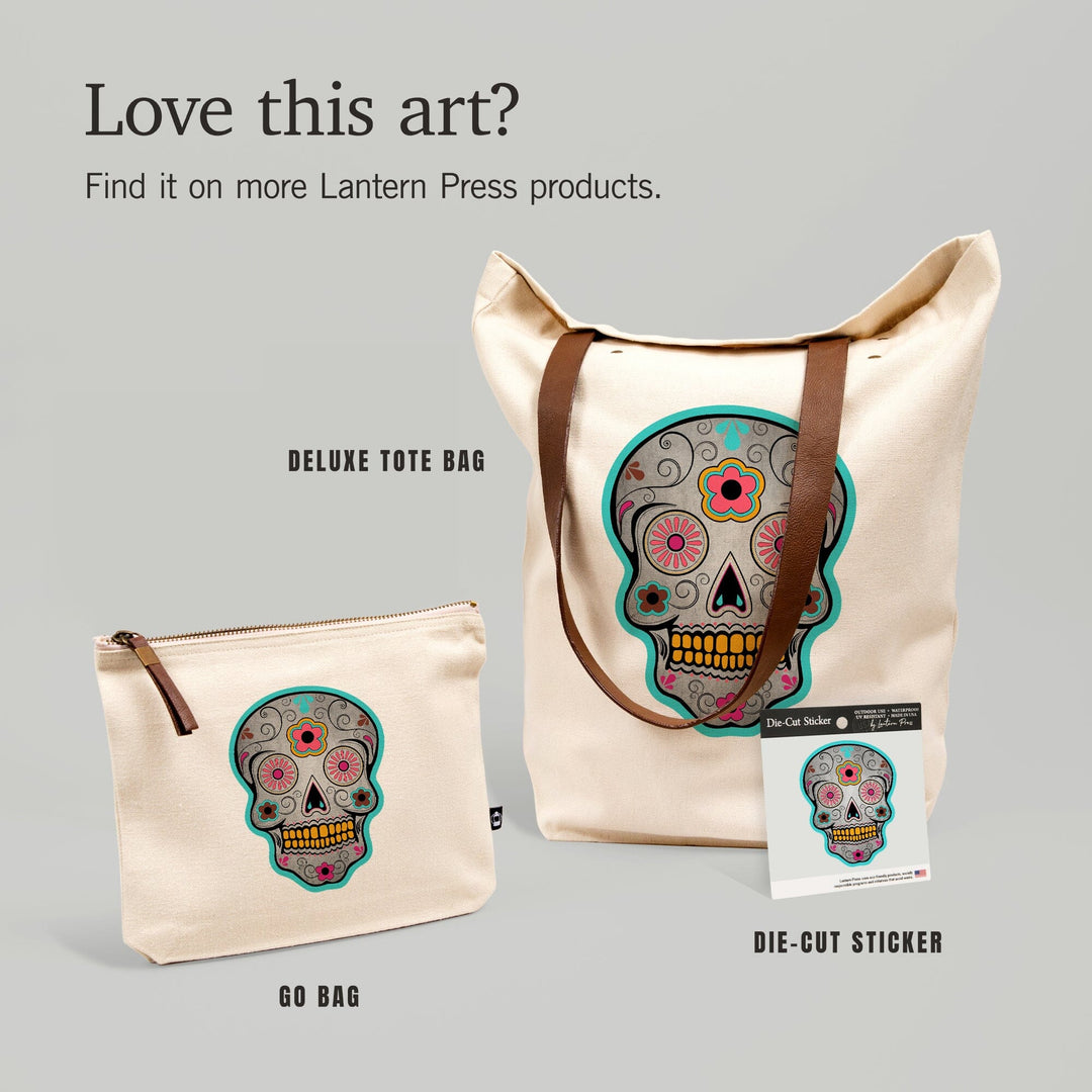 Day of the Dead, Sugar Skull (Pink & Teal), Contour, Lantern Press Artwork, Vinyl Sticker - Lantern Press