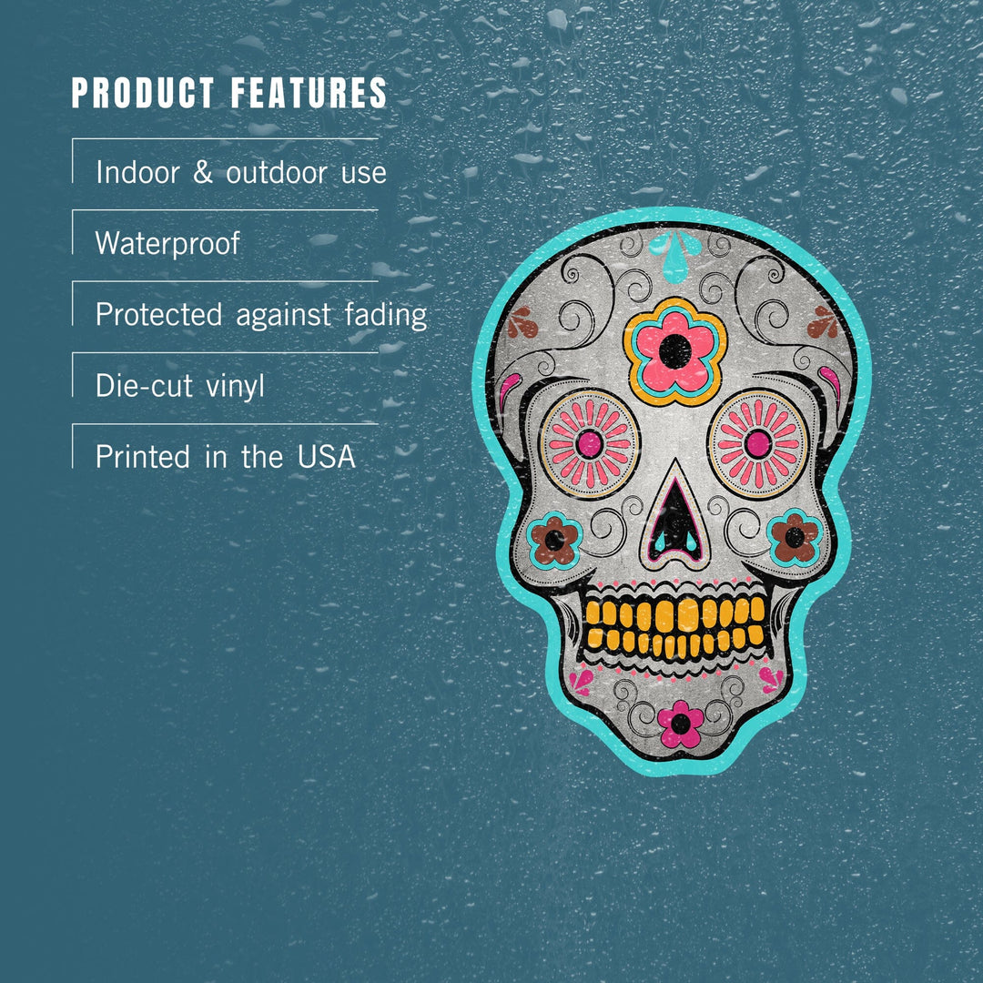 Day of the Dead, Sugar Skull (Pink & Teal), Contour, Lantern Press Artwork, Vinyl Sticker - Lantern Press