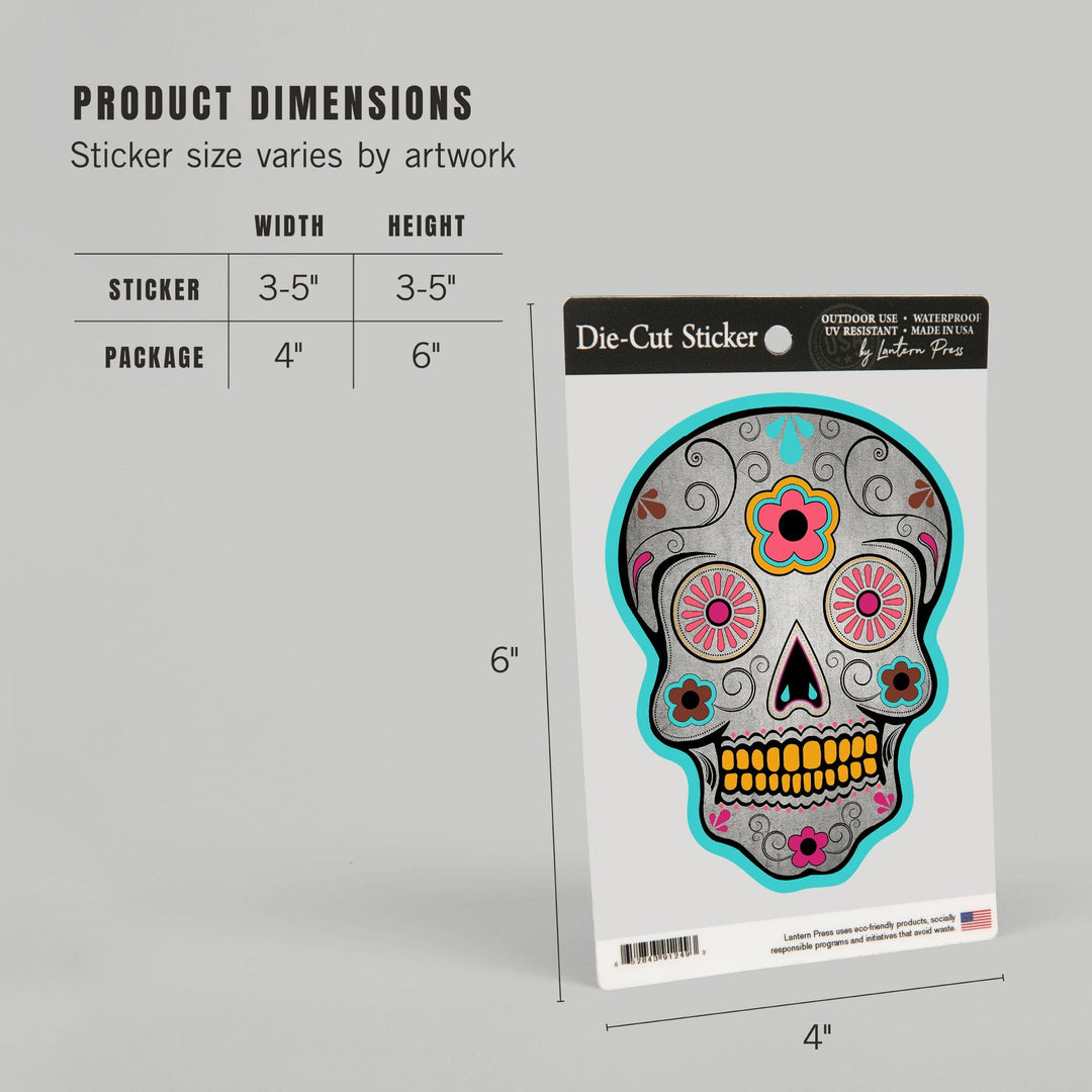 Day of the Dead, Sugar Skull (Pink & Teal), Contour, Lantern Press Artwork, Vinyl Sticker - Lantern Press