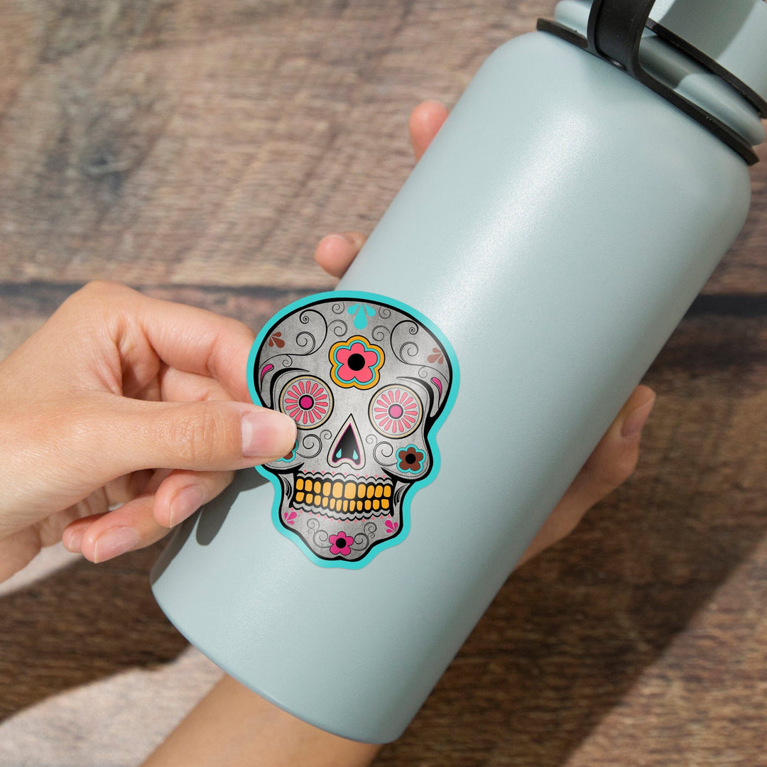 Day of the Dead, Sugar Skull (Pink & Teal), Contour, Lantern Press Artwork, Vinyl Sticker - Lantern Press