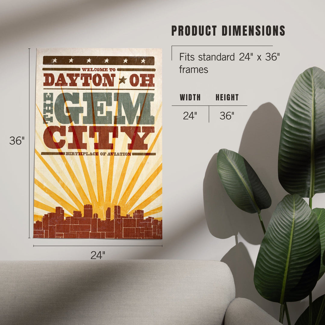Dayton, Ohio, Skyline and Sunburst Screenprint Style, Art & Giclee Prints Art Lantern Press 