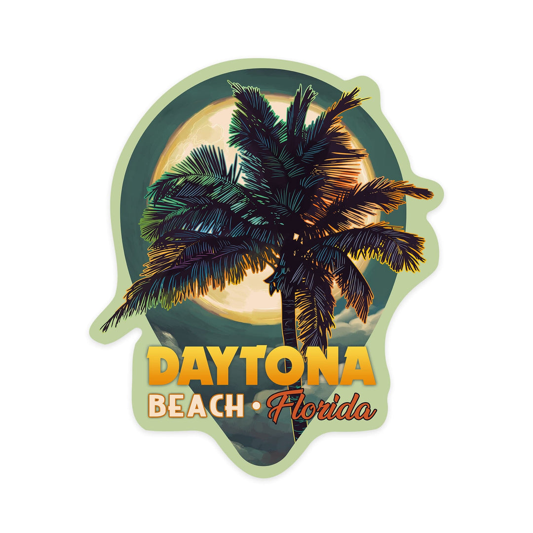Daytona Beach, Florida, Palms & Moon, Contour, Lantern Press Artwork, Vinyl Sticker Sticker Lantern Press 
