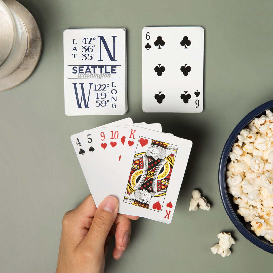 Playing Cards, Seattle, Washington, Latitude and Longitude (Blue), 52 Card Deck with Jokers in Box, Unique Art