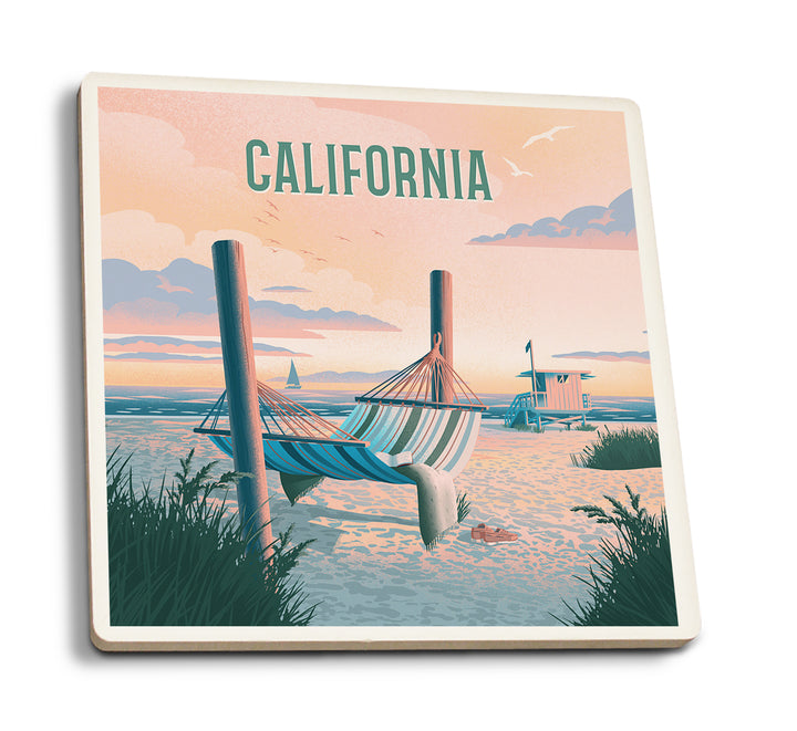 California, Lithograph, Salt Air, No Cares, Hammock on Beach, Coaster Set