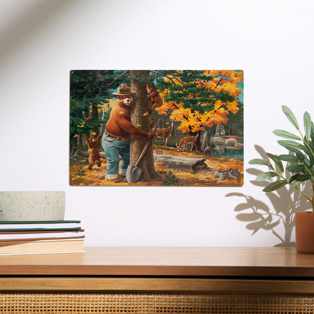 Smokey Bear Hugging Tree, Officially Licensed, Wood Sign and Postcards