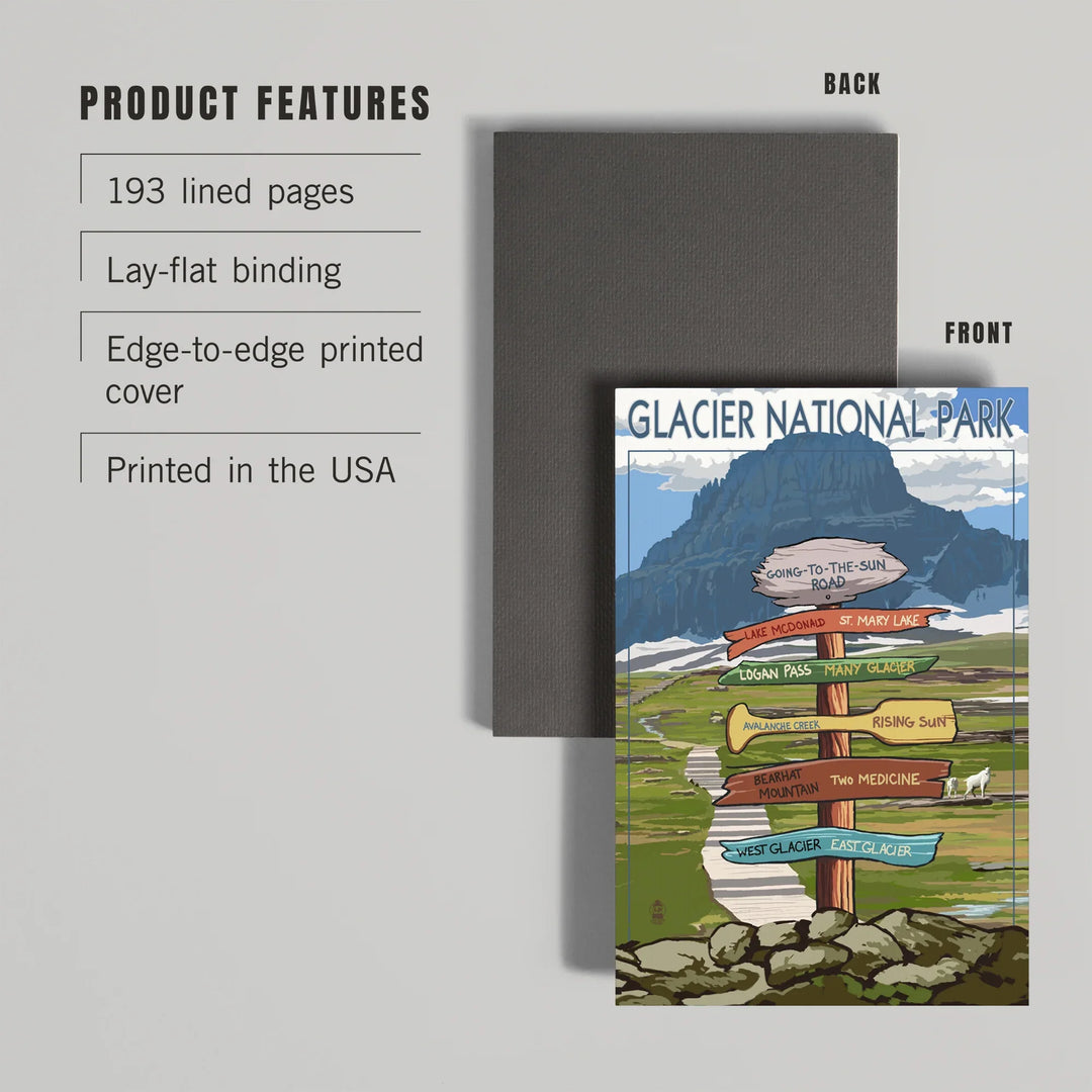 Lined 6x9 Journal, Glacier National Park, Montana, Going-To-The-Sun Road Mountain Signpost, Lay Flat, 193 Pages, FSC paper