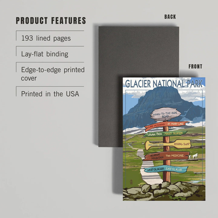 Lined 6x9 Journal, Glacier National Park, Montana, Going-To-The-Sun Road Mountain Signpost, Lay Flat, 193 Pages, FSC paper