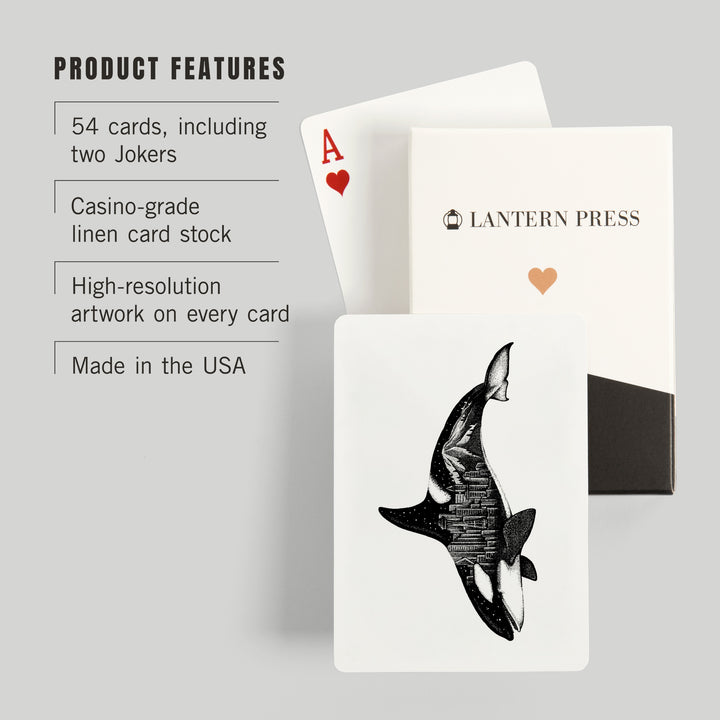 Playing Cards, Orca and Seattle Skyline, Double Exposure, 52 Card Deck with Jokers in Box, Unique Art