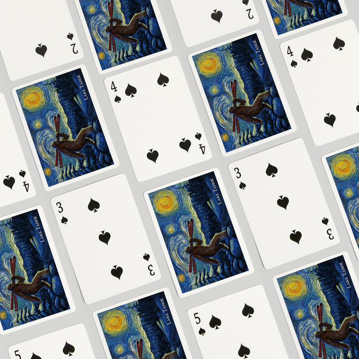 Playing Cards, Lake Tahoe, California, Starry Night, Winter Bigfoot with Skis, 52 Card Deck with Jokers in Box, Unique Art