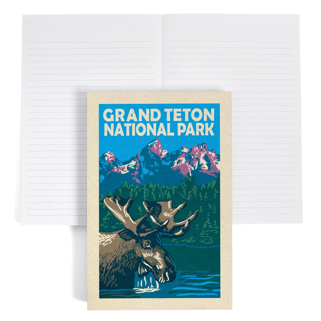 Lined 6x9 Journal, Grand Teton National Park, Moose in Lake, Woodblock, Lay Flat, 193 Pages, FSC paper