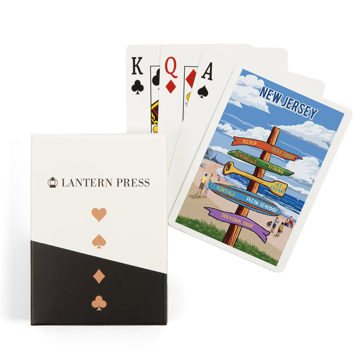 Playing Cards, New Jersey, Signpost, Coast Beach with Pier, 52 Card Deck with Jokers in Box, Unique Art