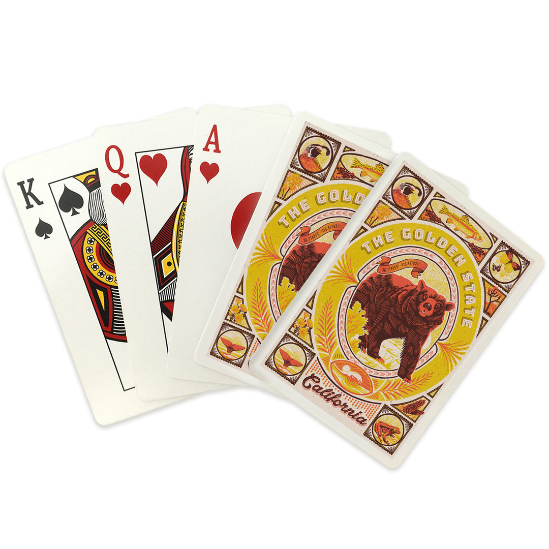 Playing Cards, California, Woodcut Menagerie Series, The Golden State, 52 Card Deck with Jokers in Box, Unique Art