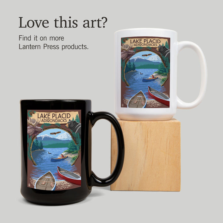 Lake Placid, New York, Adirondacks Canoe Scene, Lantern Press Artwork, Ceramic Mug